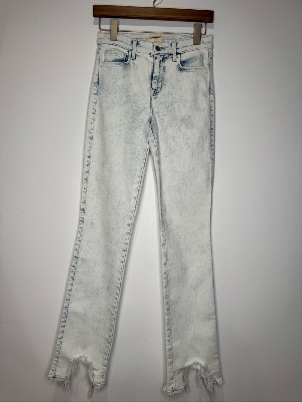 L’AGENCE High Waist Slim Harmon Jeans Electra Acid Wash Distressed Raw Hem 25